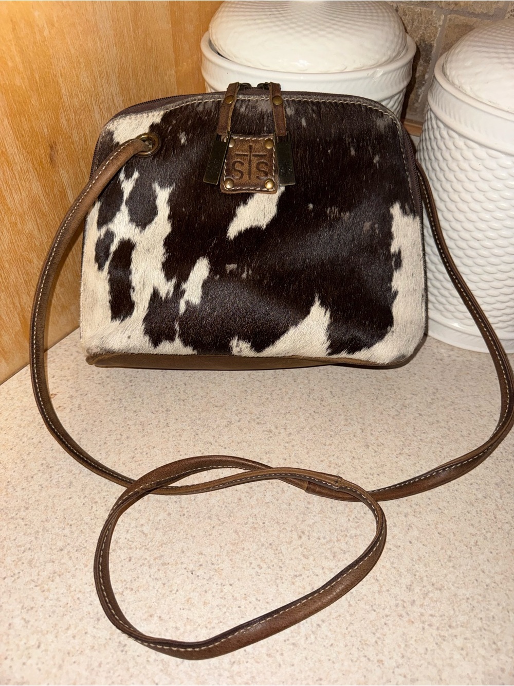 Sts ranchwear Brown White Cowhide Crossbody Bag 10”x8”x2”